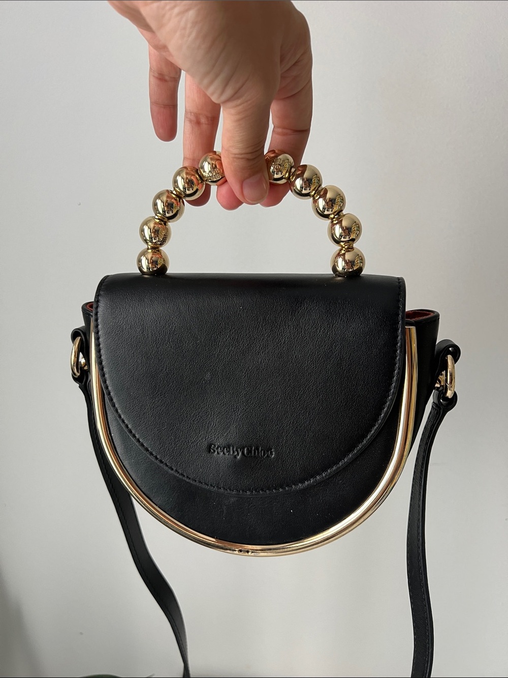 See By Chloe MARA Black Mini Top-Handle Crossbody with Gold Beaded Handle